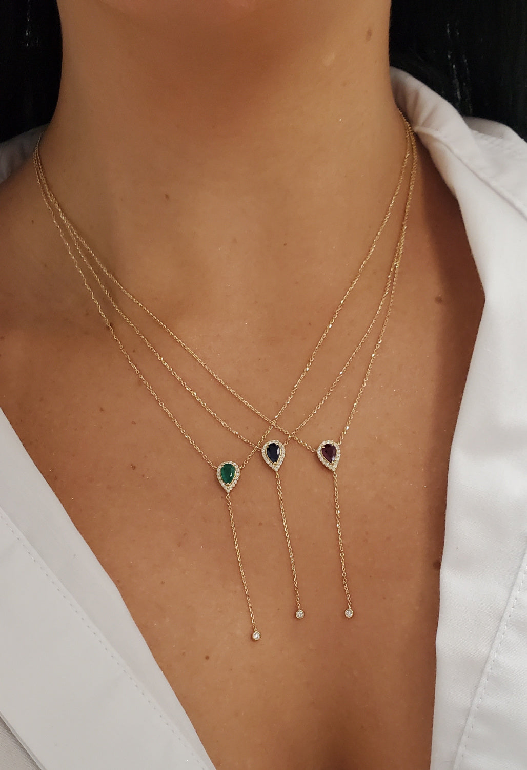 Diamond Halo Pear Shaped Color Stone Lariat Necklace