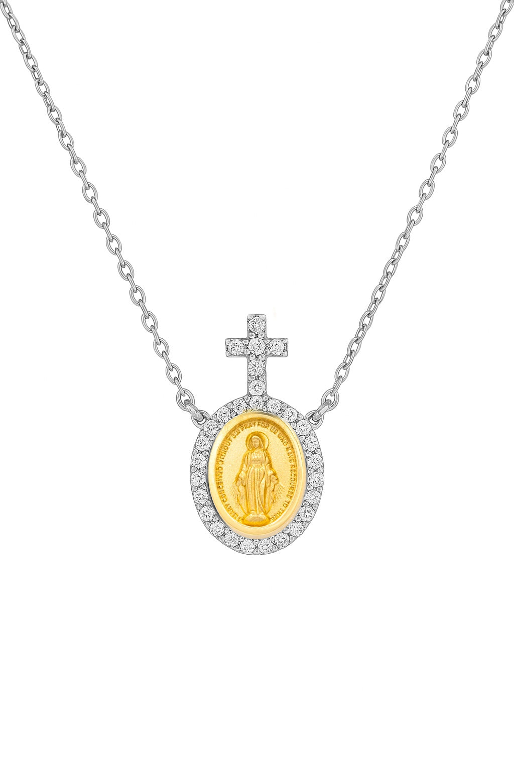 Diamond Halo Petite Miraculous Medal Necklace with Beacon Cross