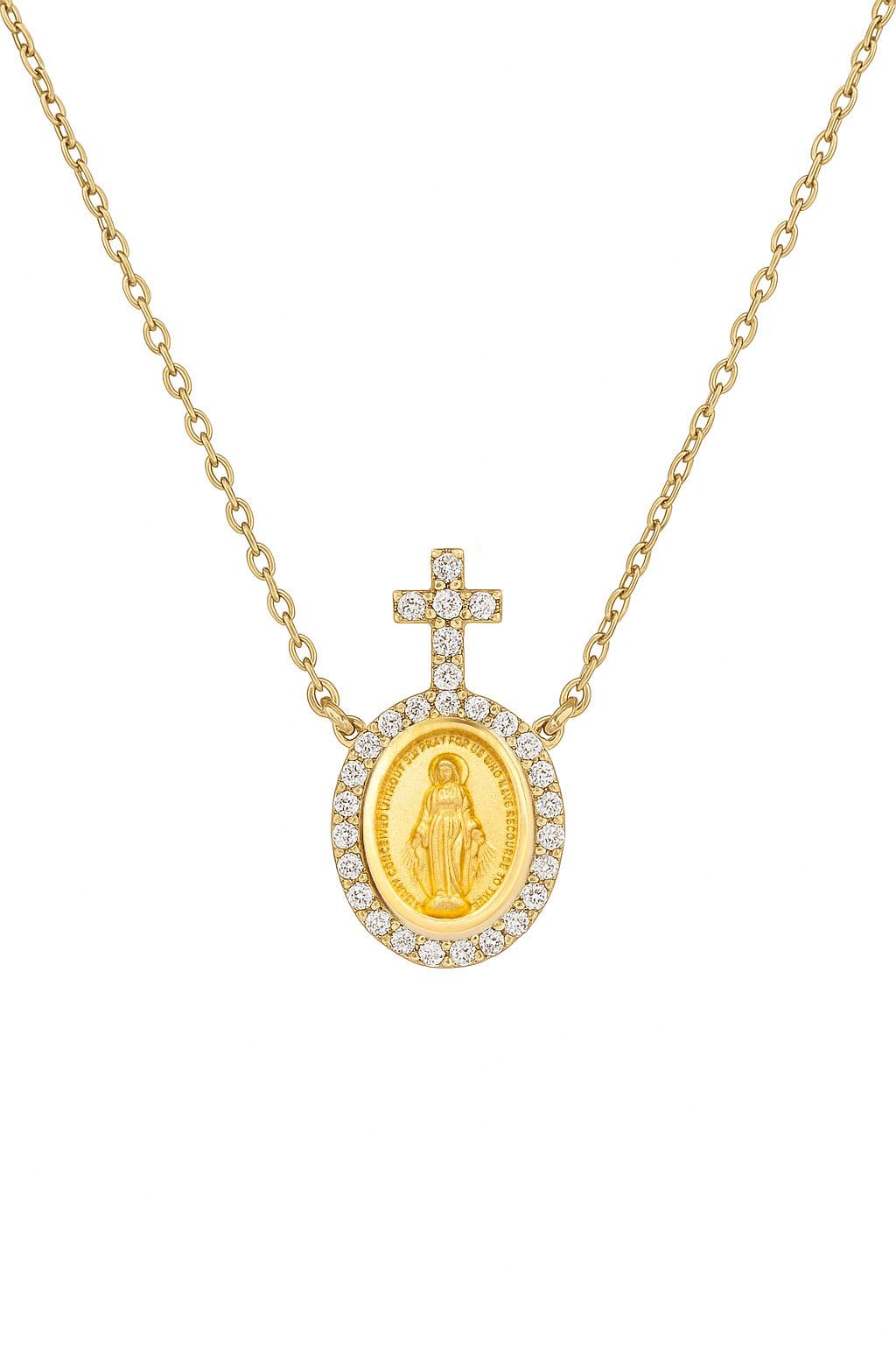 Diamond Halo Petite Miraculous Medal Necklace with Beacon Cross