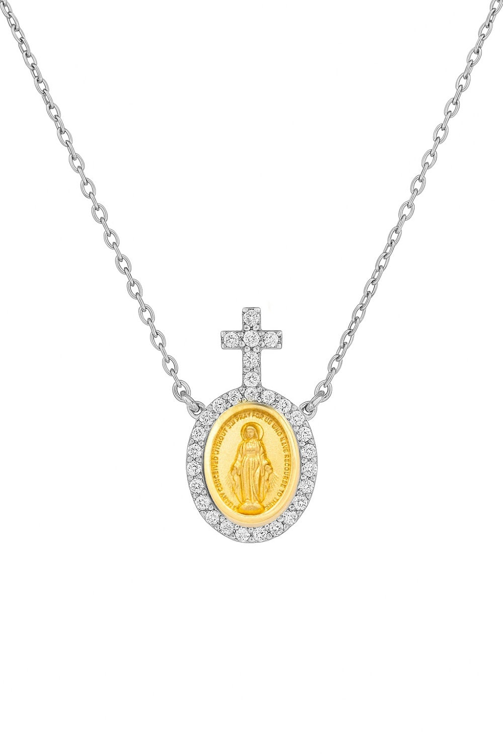 Diamond Halo Petite Miraculous Medal Necklace with Beacon Cross