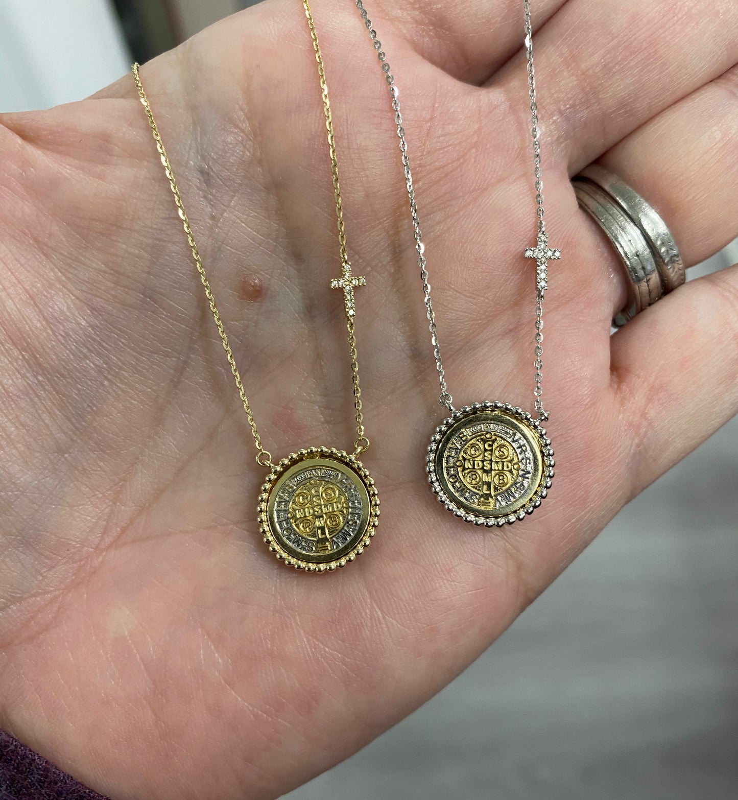 Beaded Border Saint Benedict Medal with Mini Diamond Accent Cross Necklace