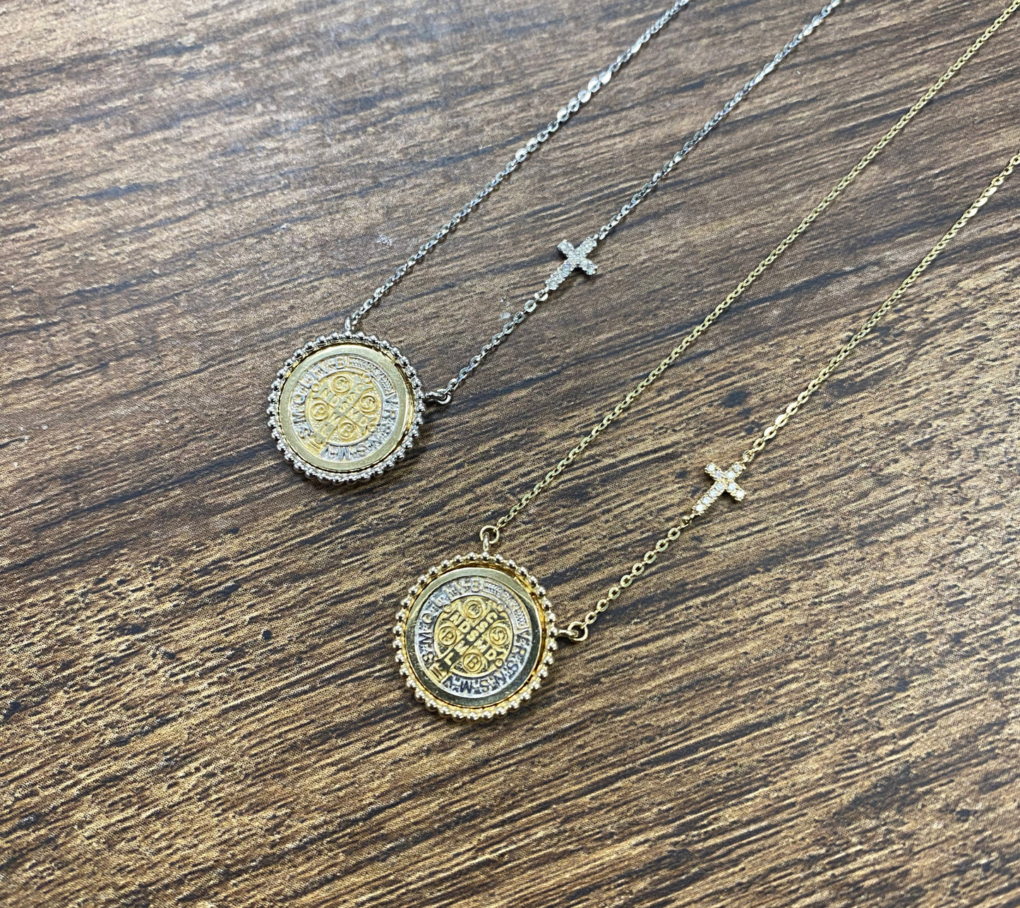 Beaded Border Saint Benedict Medal with Mini Diamond Accent Cross Necklace
