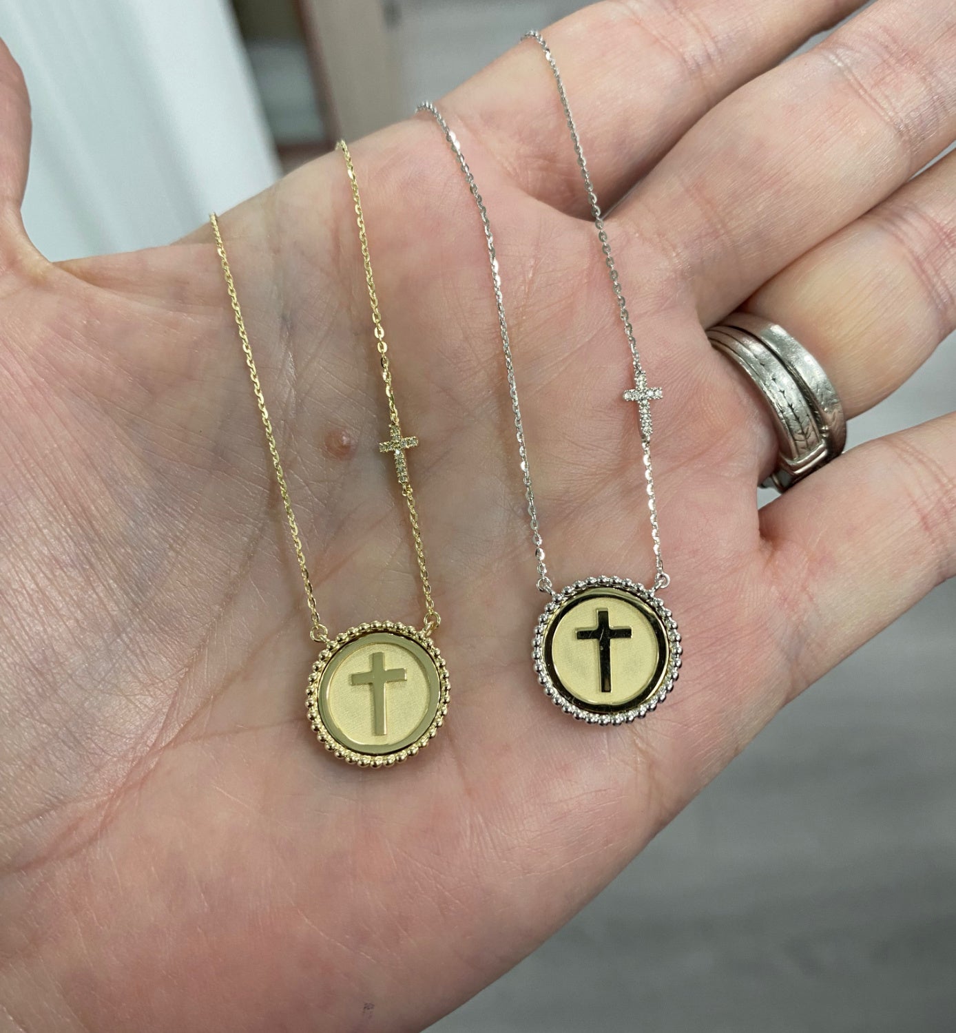 Beaded Cross Medal Necklace with Diamond Accent Cross