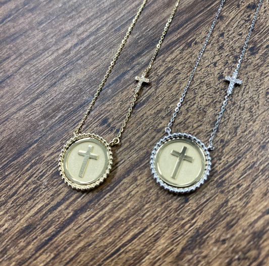 Beaded Cross Medal Necklace with Diamond Accent Cross
