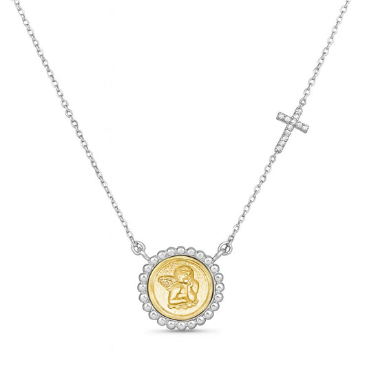 Beaded Halo Cherubim Angel Medal Diamond Accent Cross Necklace