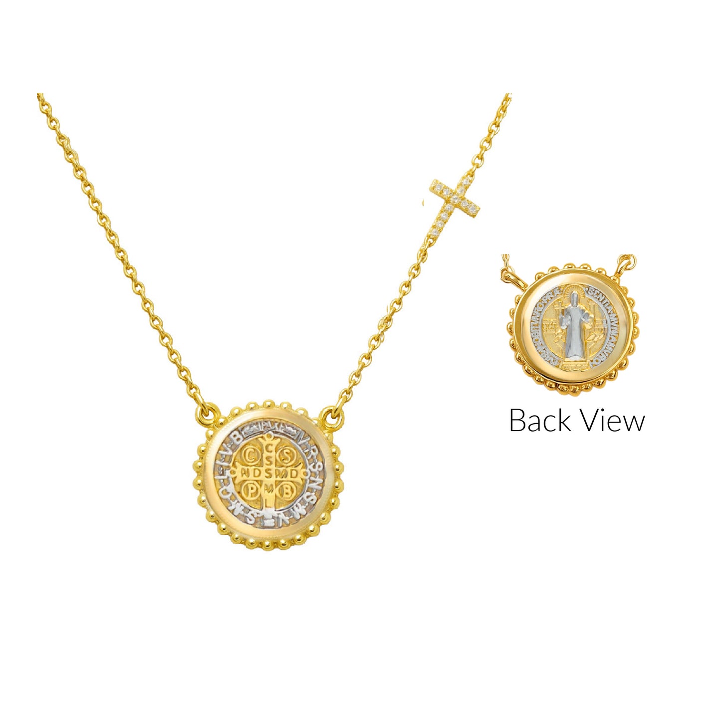 Beaded Border Mini Saint Benedict Medal with Mini Diamond Accent Cross Necklace