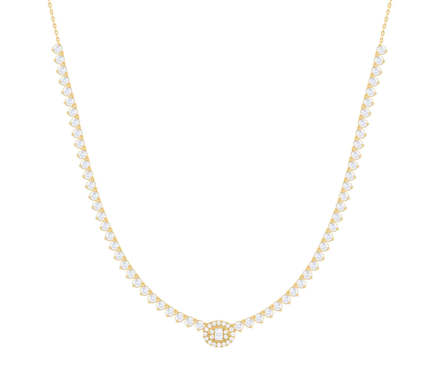 Single Oval Diamond Baguette Cluster Halfway Tennis Necklace