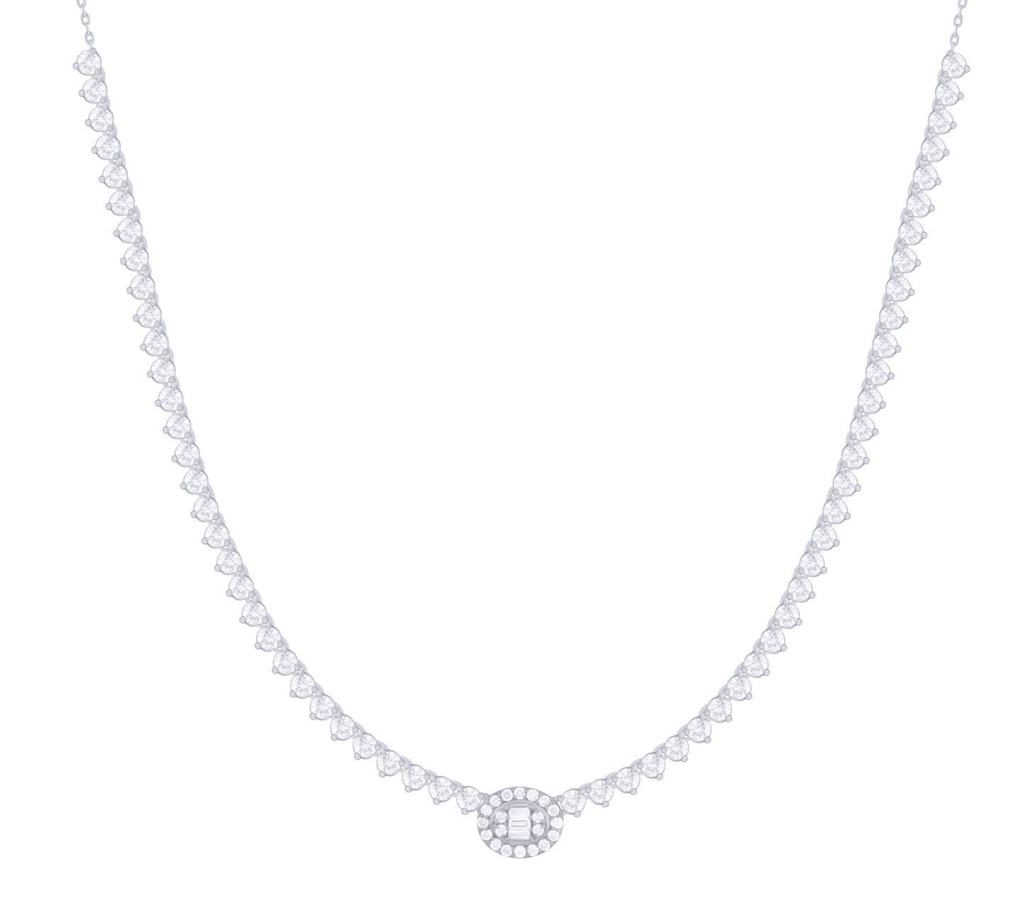 Single Oval Diamond Baguette Cluster Halfway Tennis Necklace