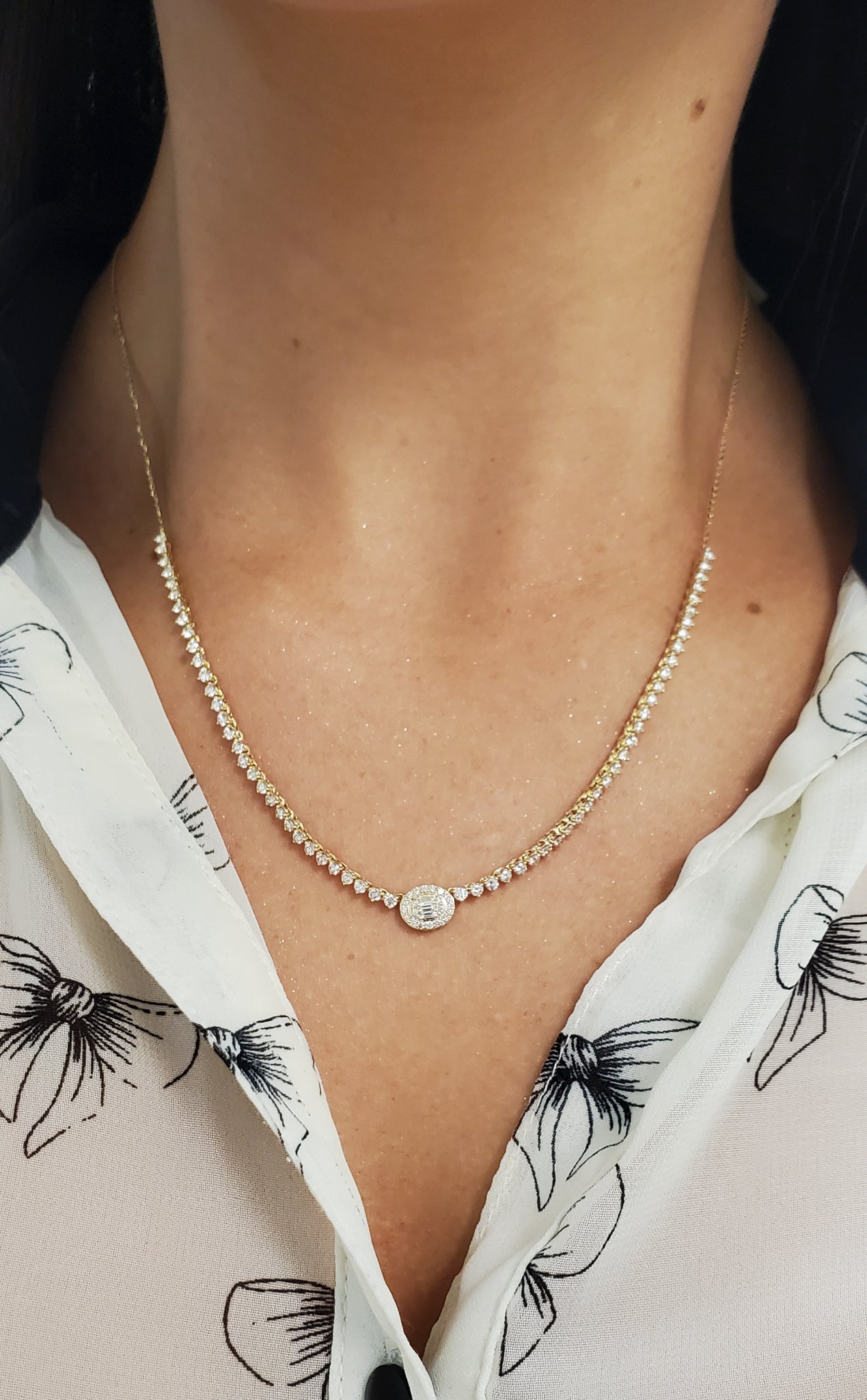 Single Oval Diamond Baguette Cluster Halfway Tennis Necklace