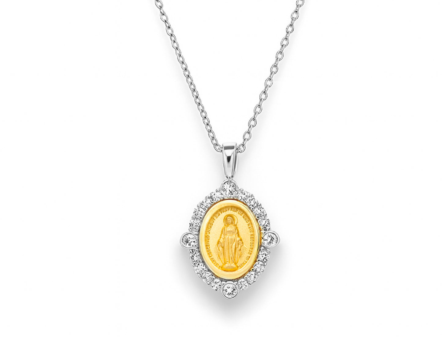 Miniature Diamond Compass Rose Miraculous Medal Necklace