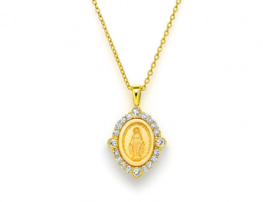 Miniature Diamond Compass Rose Miraculous Medal Necklace