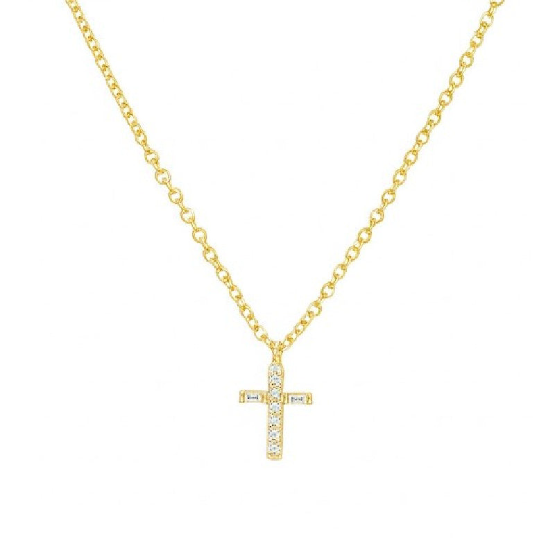 Mini-Miniature Diamond Baguette Cross Necklace