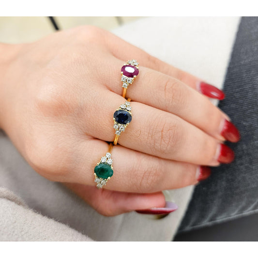Oval Color Stone with Diamond  Illusions Ring