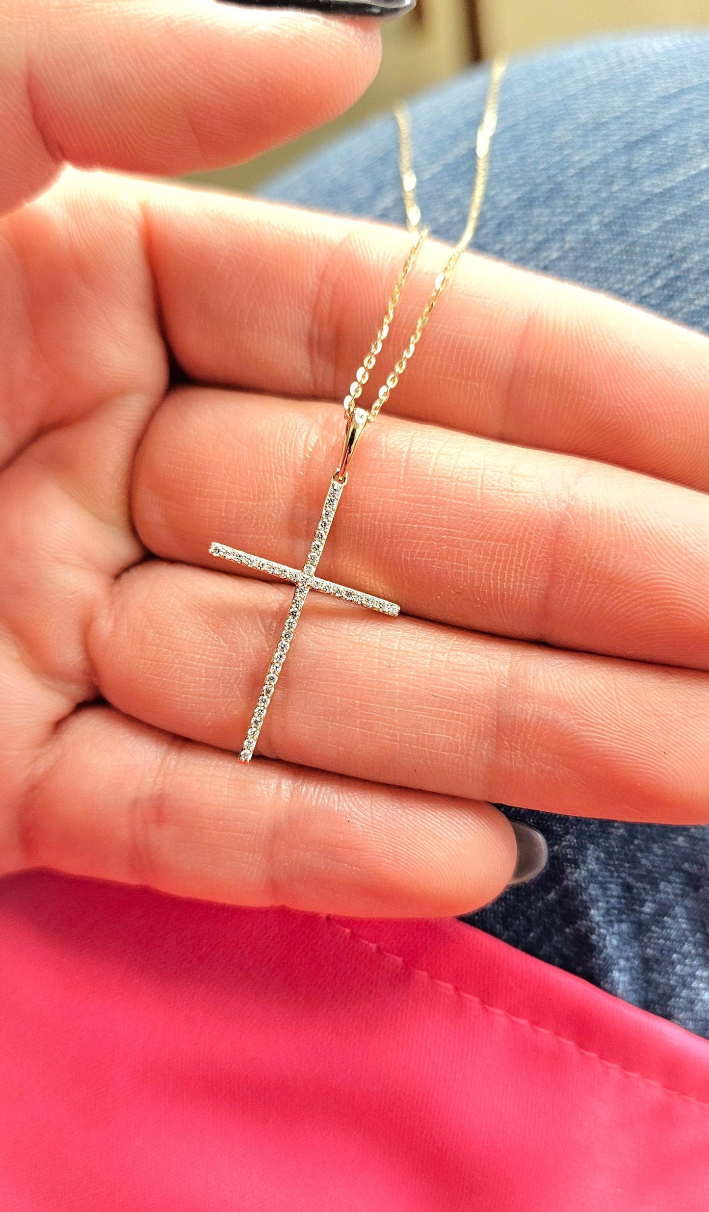 Thin Medium-Large Diamond Cross Necklace 14K Gold