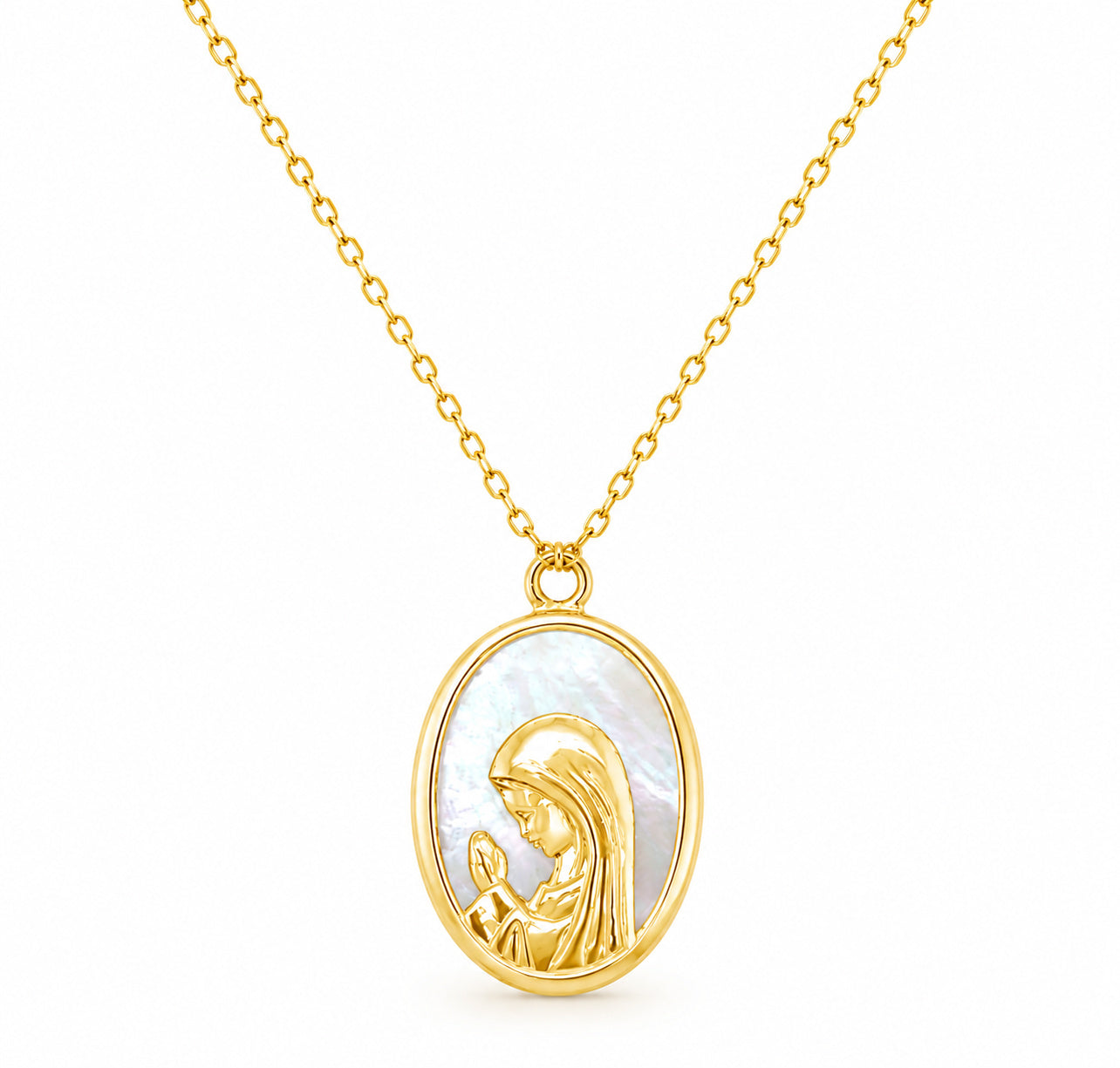 A 14 karat gold oval necklace with a mother of pearl pendant featuring an image of a praying Virgin Mary.