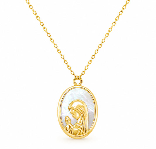 A 14 karat gold oval necklace with a mother of pearl pendant featuring an image of a praying Virgin Mary.