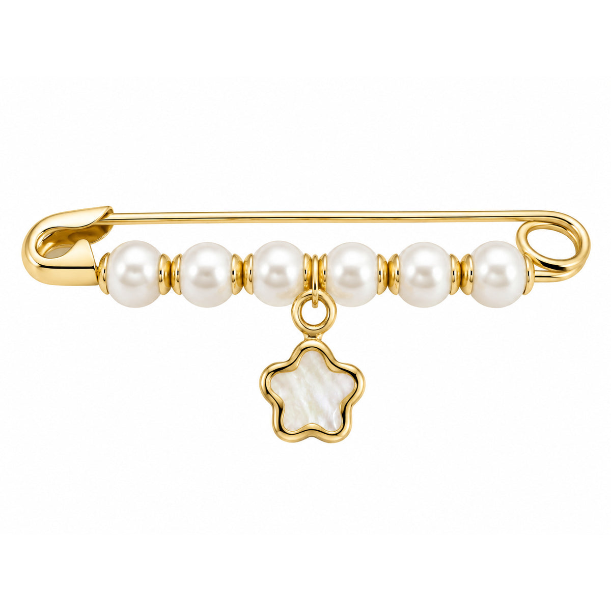 A gold safety pin brooch decorated with white freshwater pearls and a dangling gold bordered flower-shaped charm with a white mother-of-pearl center, shown on a plain white background.