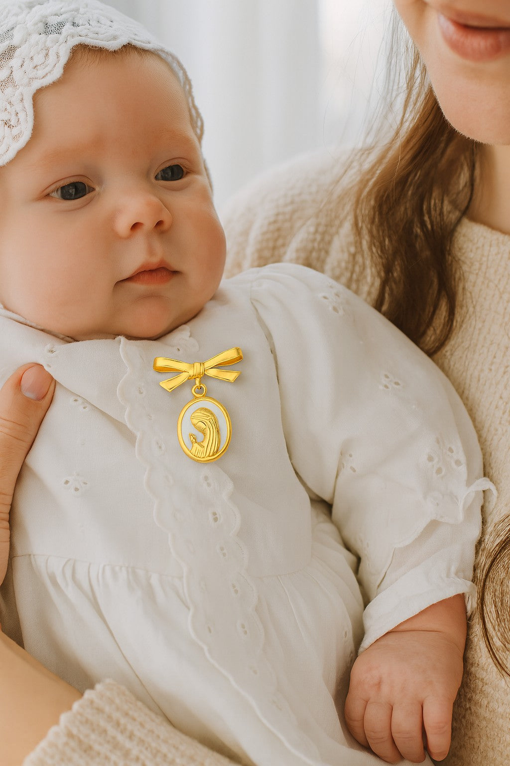 Mother of Pearl Praying Virgin Medal Bow Baby Pin