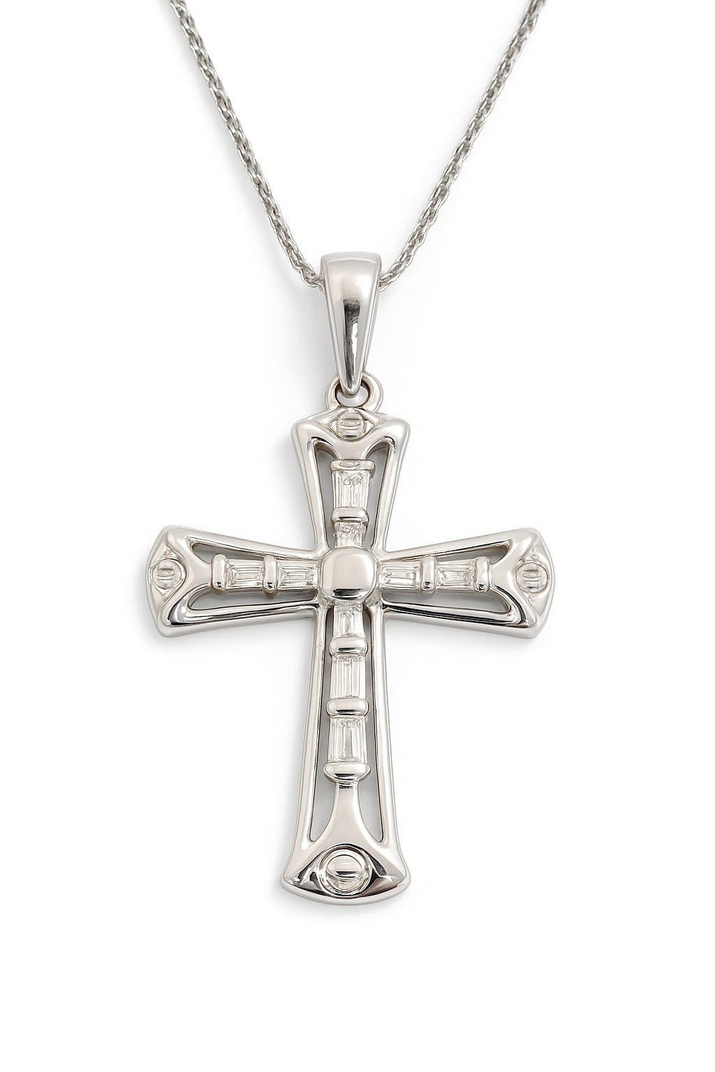 Baguette Diamond Fancy Cross Necklace 14K White Gold