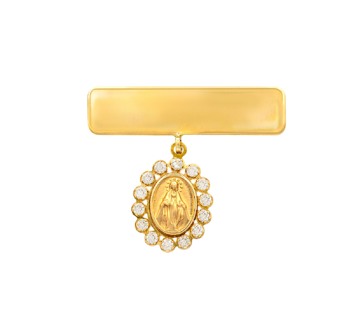 A 14k gold engravable baby pin with a rectangular top bar and a dangling oval  medallion featuring a religious figure of the Miraculous medal surrounded by small cubic zirconia stones, shown on a plain white background.