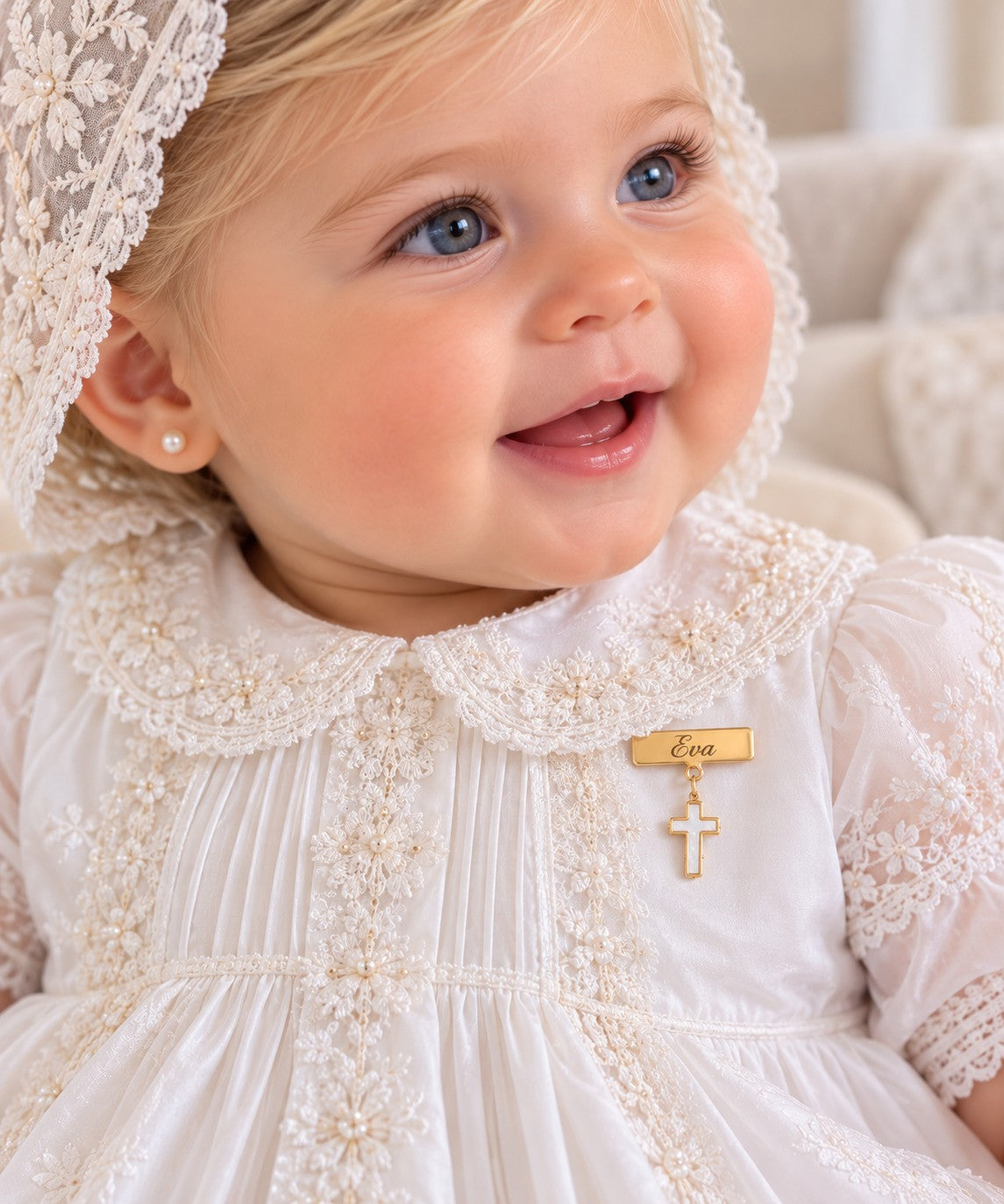 Engravable Plate Mother of Pearl Cross Baby Pin