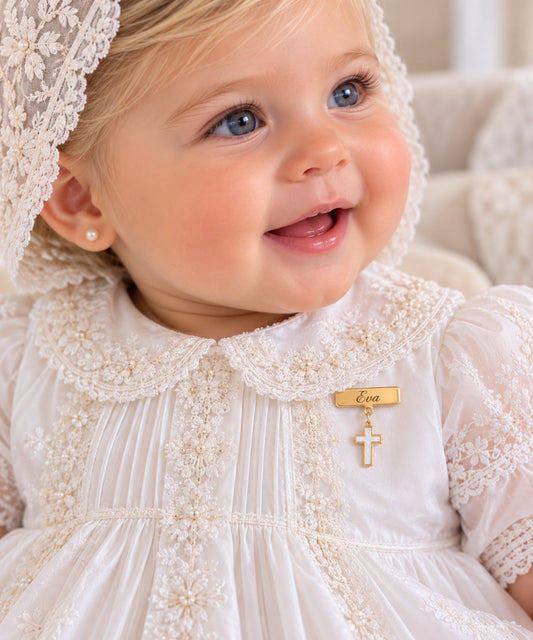 Engravable Plate Mother of Pearl Cross Baby Pin