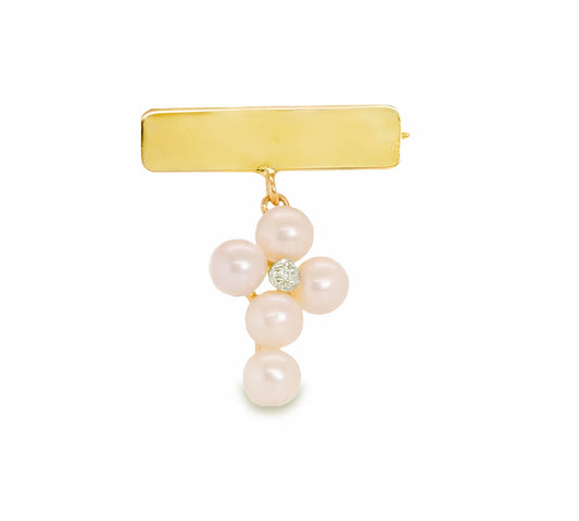 Engravable Plate Pearl Cross with Diamond Baby Pin