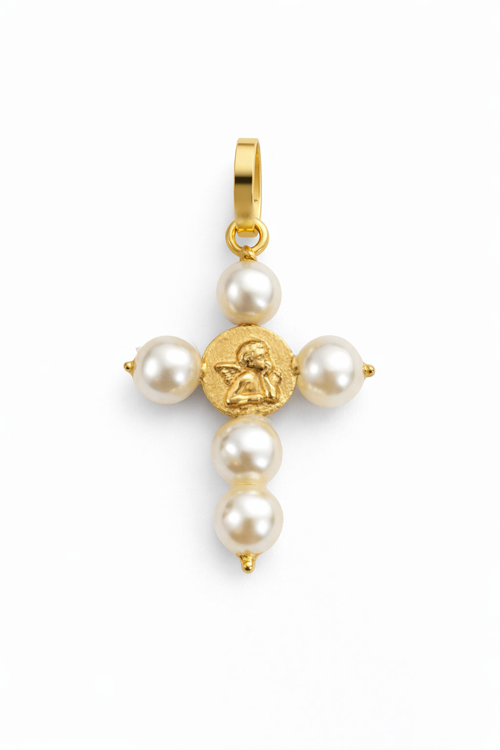Pearl Cross with Angel 14K Yellow Gold
