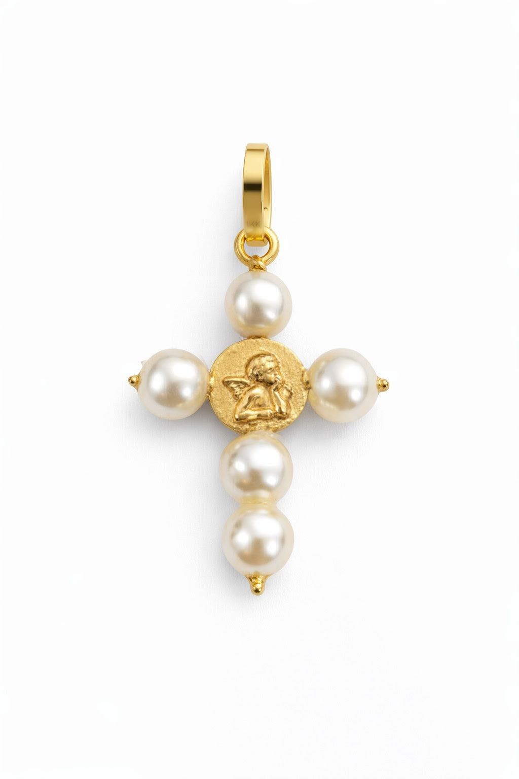 Pearl Cross with Angel 14K Yellow Gold