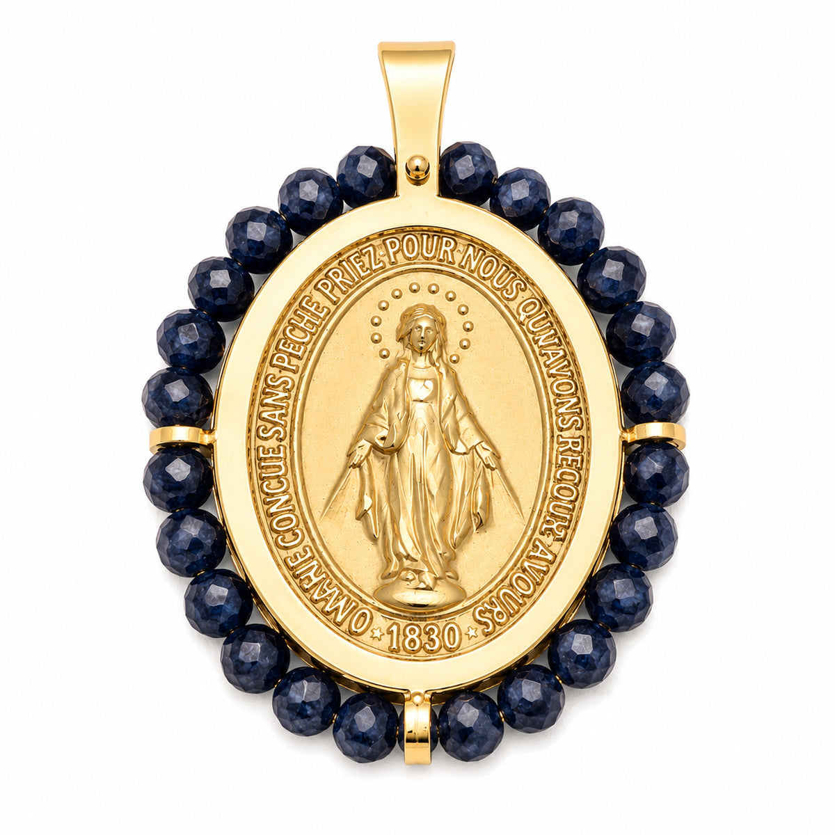 14K yellow gold Miraculous Medal with natural blue sapphire faceted beads, Virgin Mary front view