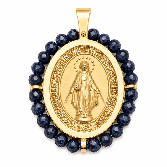 14K yellow gold Miraculous Medal with natural blue sapphire faceted beads, Virgin Mary front view