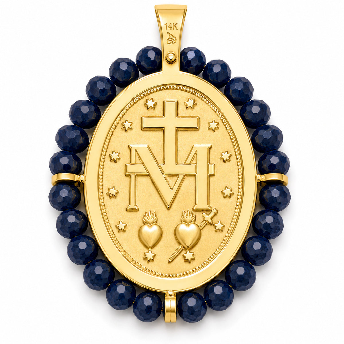 Back of 14K gold sapphire Miraculous Medal showing cross, M, twelve stars and Sacred Hearts