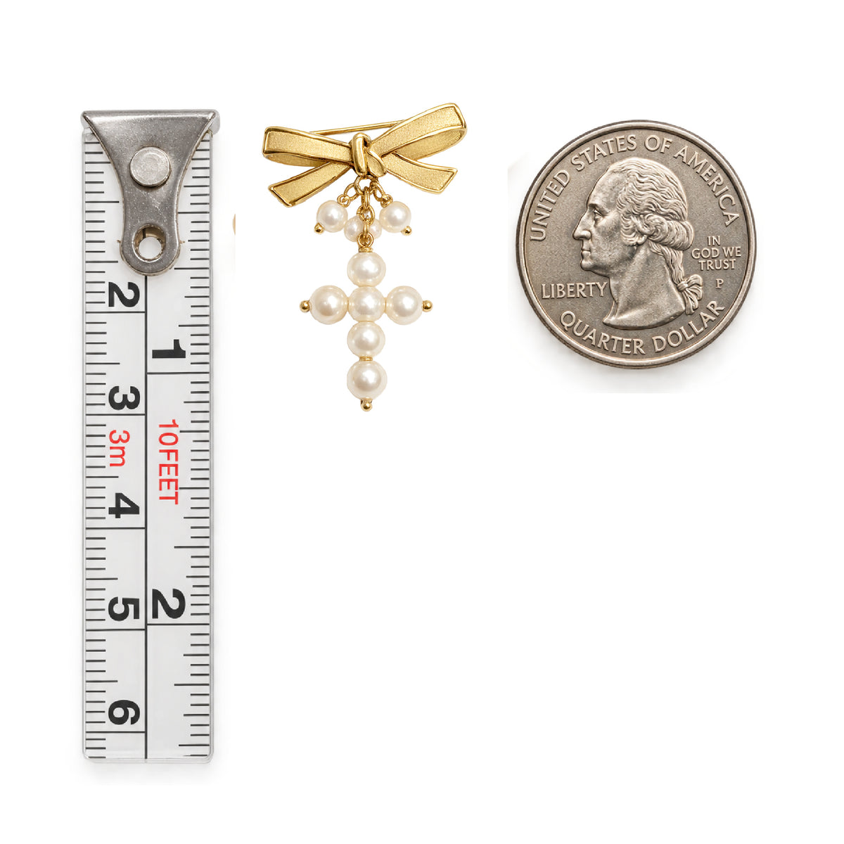 Bow Baby Pin with 18mm  Pearl Cross Dangle