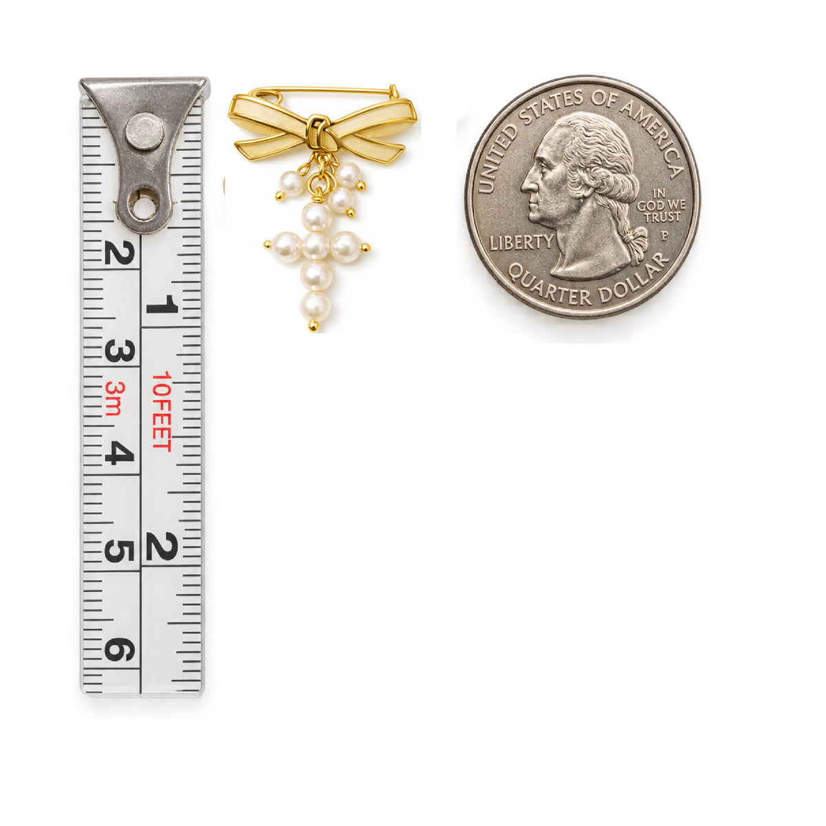 14K Yellow Gold Bow Baby Pin with 13mm Pearl Cross Dangle