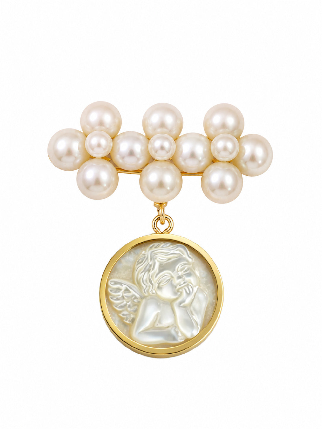 A pearl and gold pendant brooch featuring a cluster of white pearls at the top and a dangling round gold medallion with a white carved cherub figure, shown on a plain white background.