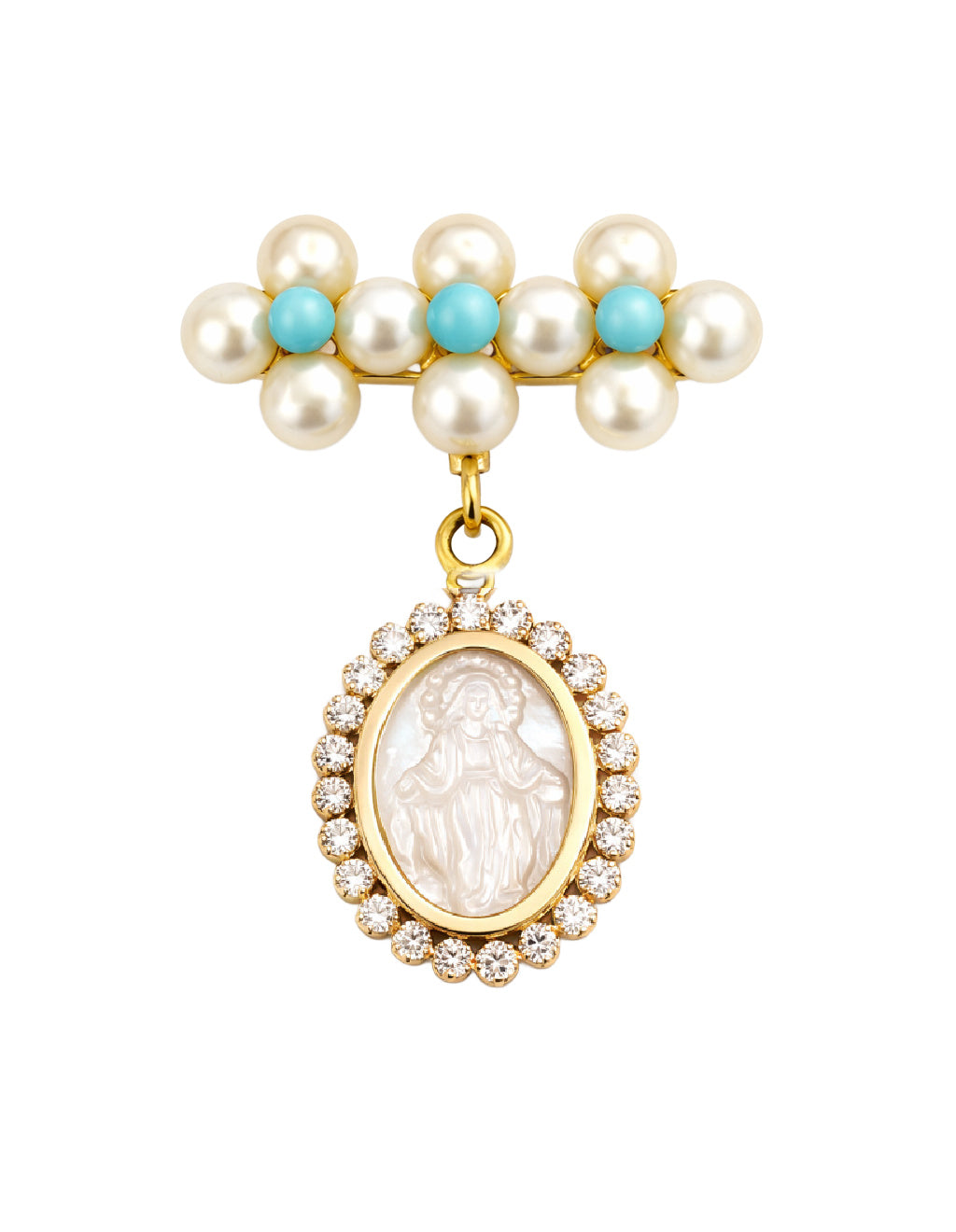 A gold-tone pendant brooch featuring a row of white pearls with turquoise accents at the top and a dangling oval pendant with a white mother of pearl Miraculous Medal figure surrounded by clear cubic zirconia stones, set against a plain white background.