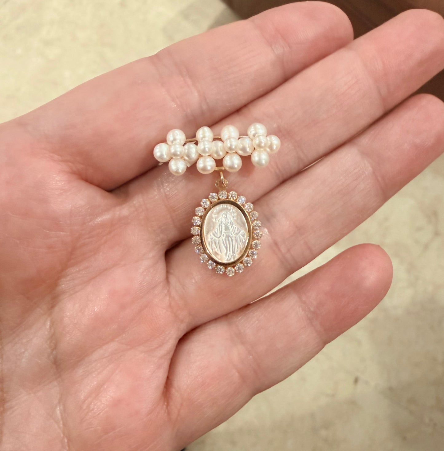 Pearl Bar Cluster Cubic Zirconia Mother of Pearl Miraculous Medal Baby Pin
