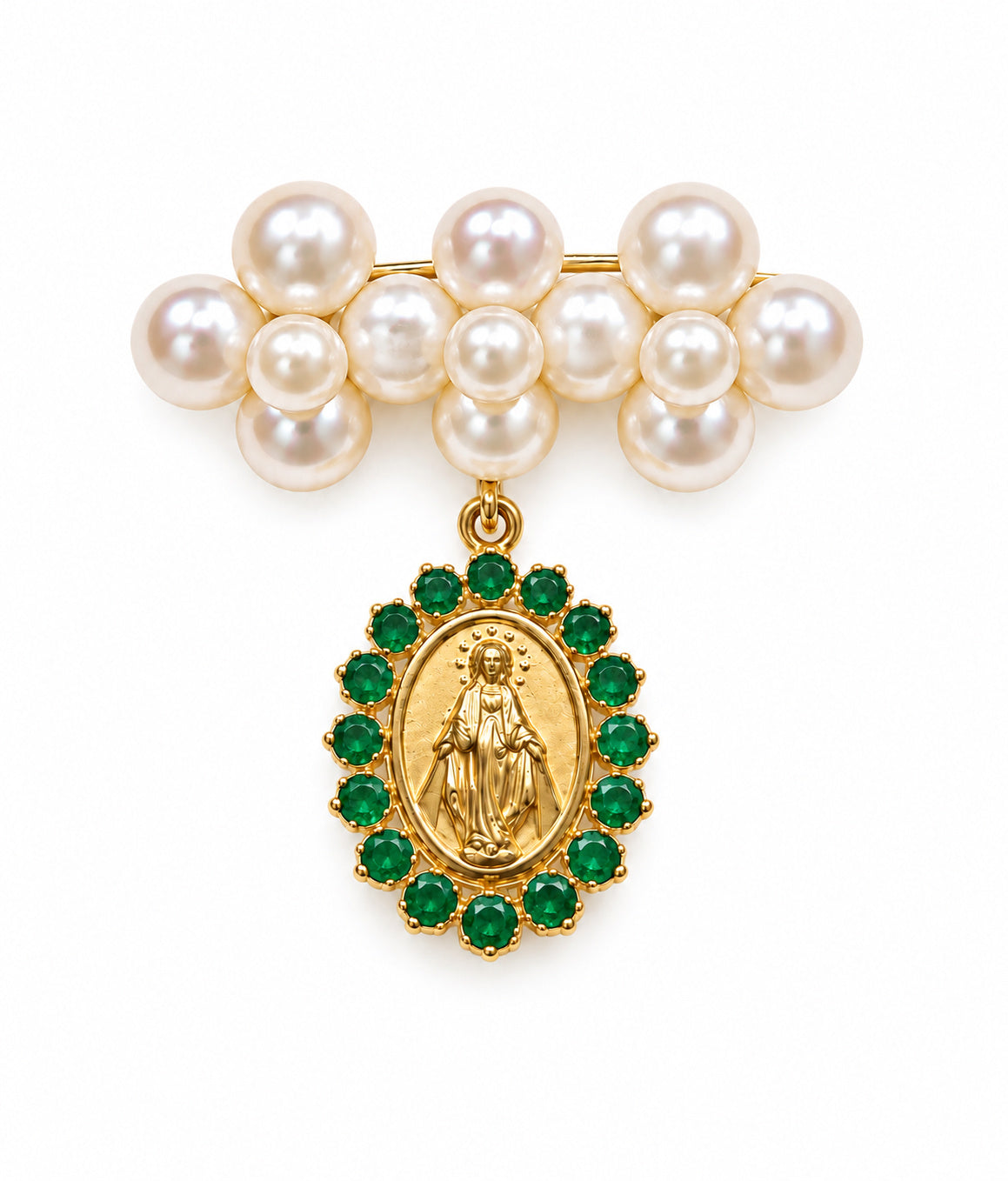 A 14K gold and pearl religious baby pin featuring a cluster of white pearls at the top and a dangling oval gold medallion surrounded by green emerald gemstones, shown on a plain white background.