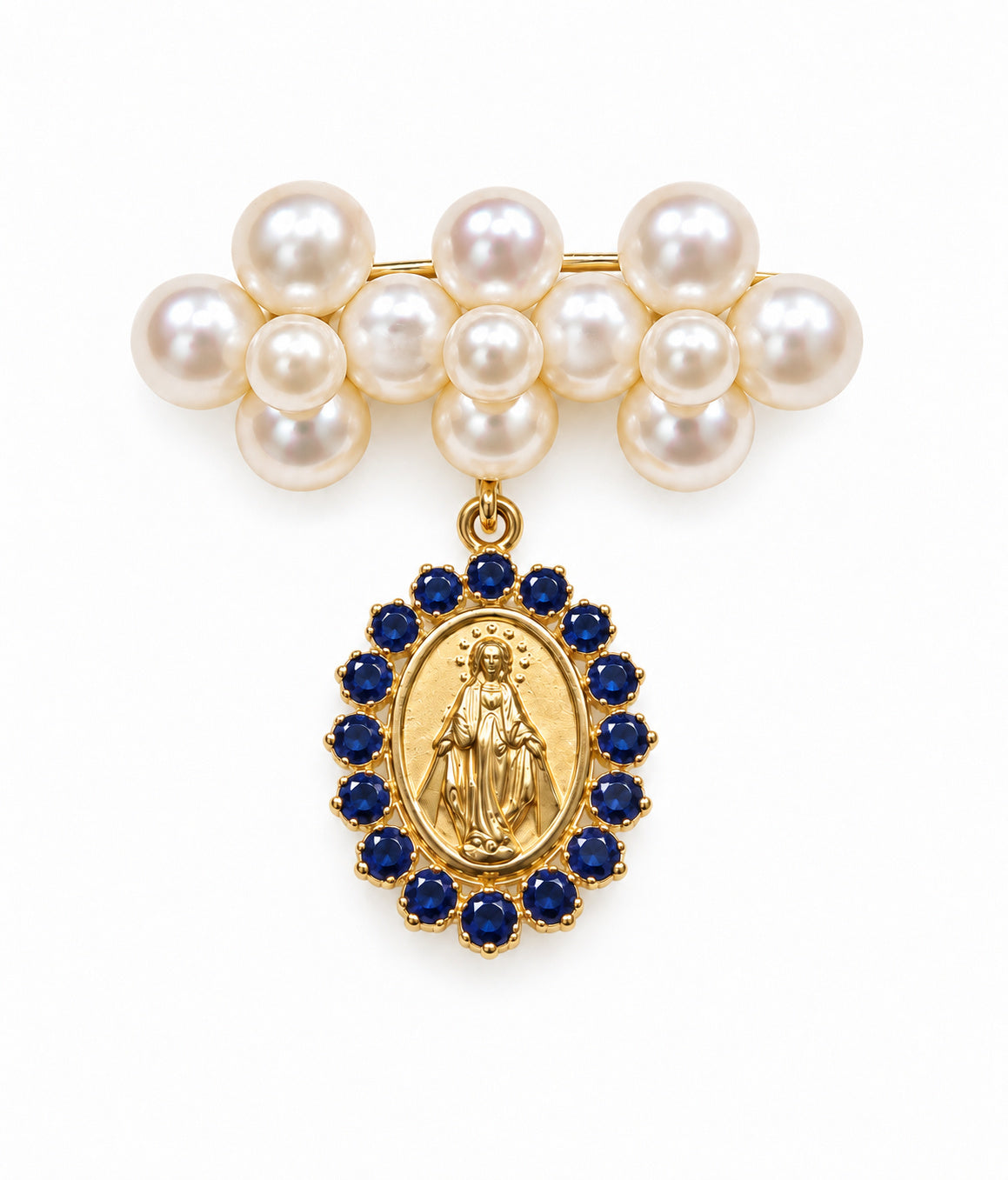 A 14K gold and pearl brooch featuring a cluster of white pearls at the top and a dangling gold oval medallion surrounded by deep blue sapphire gemstones, shown on a plain white background.