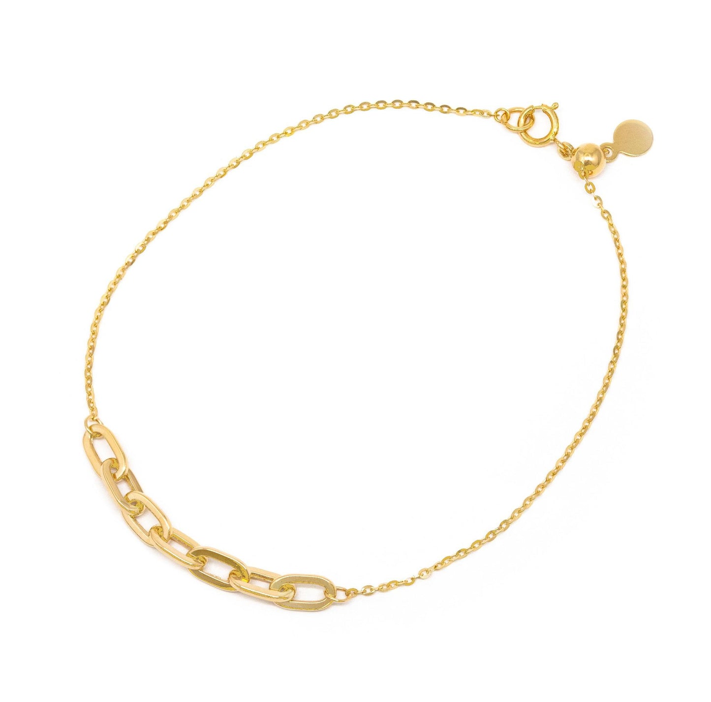 An adjustable 14 karat yellow gold paperclip bracelet with a spring ring bolo clasp, displayed on a white background.