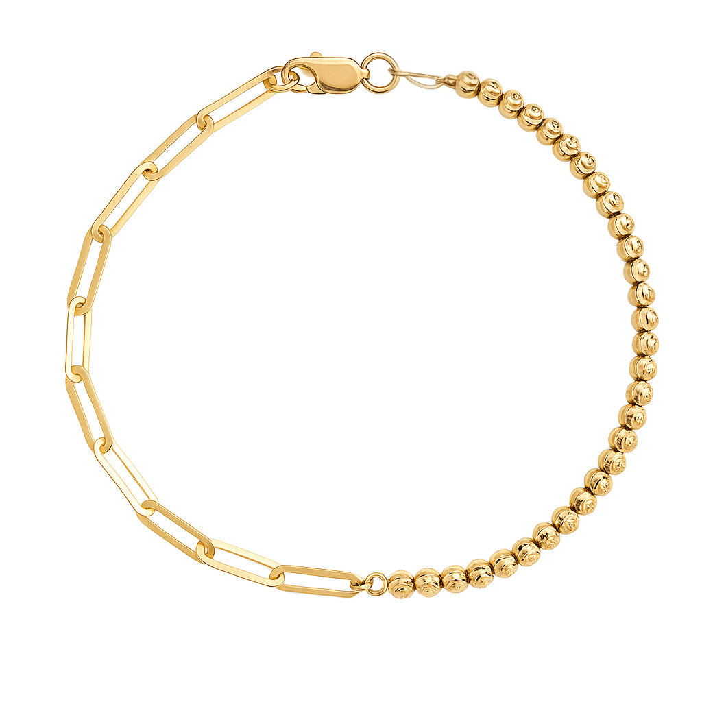 Gold bracelet with a combination of paperclip chain and mirror bead design on a white background