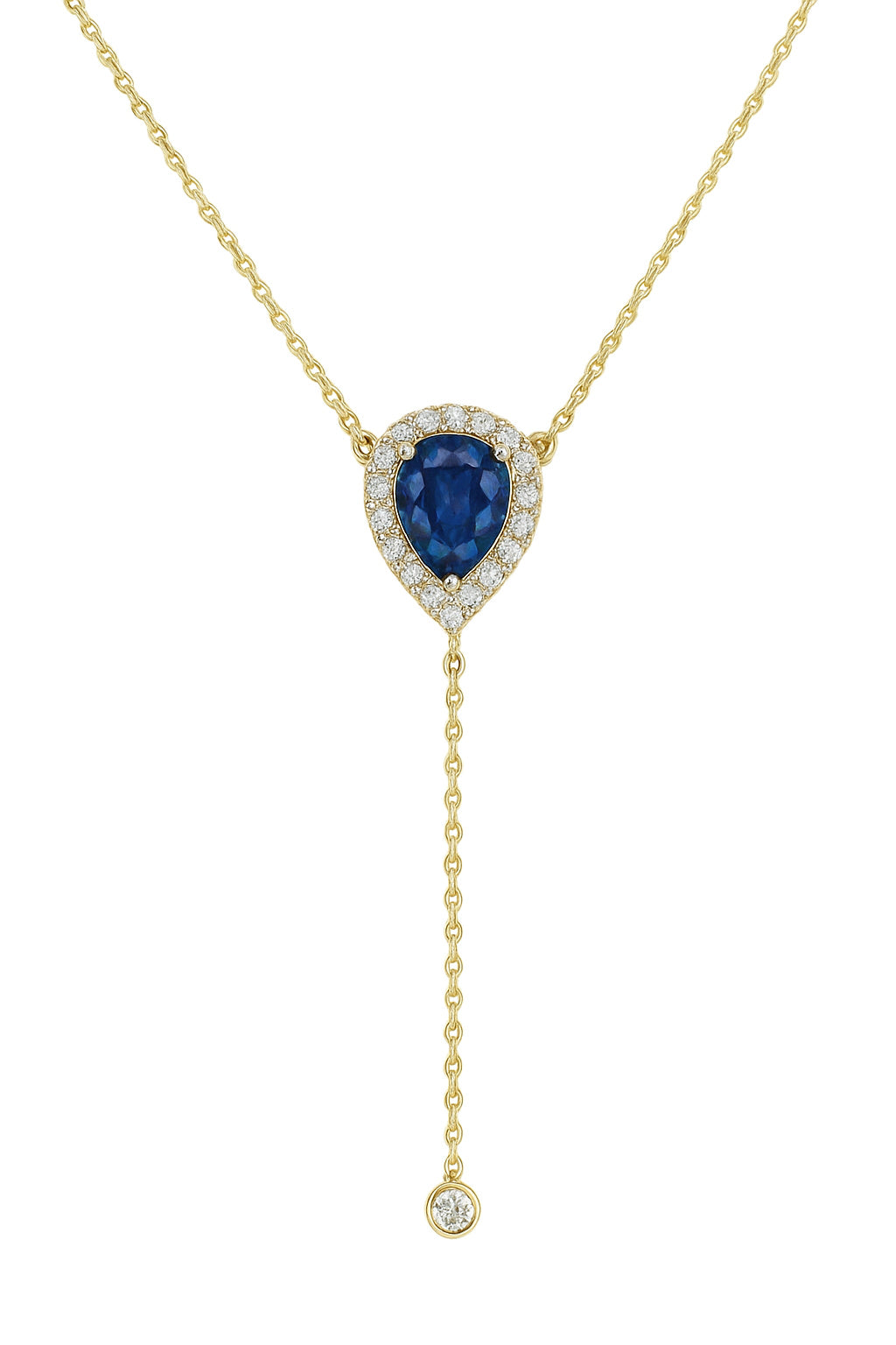 Gold necklace with a blue gemstone pendant on a white background