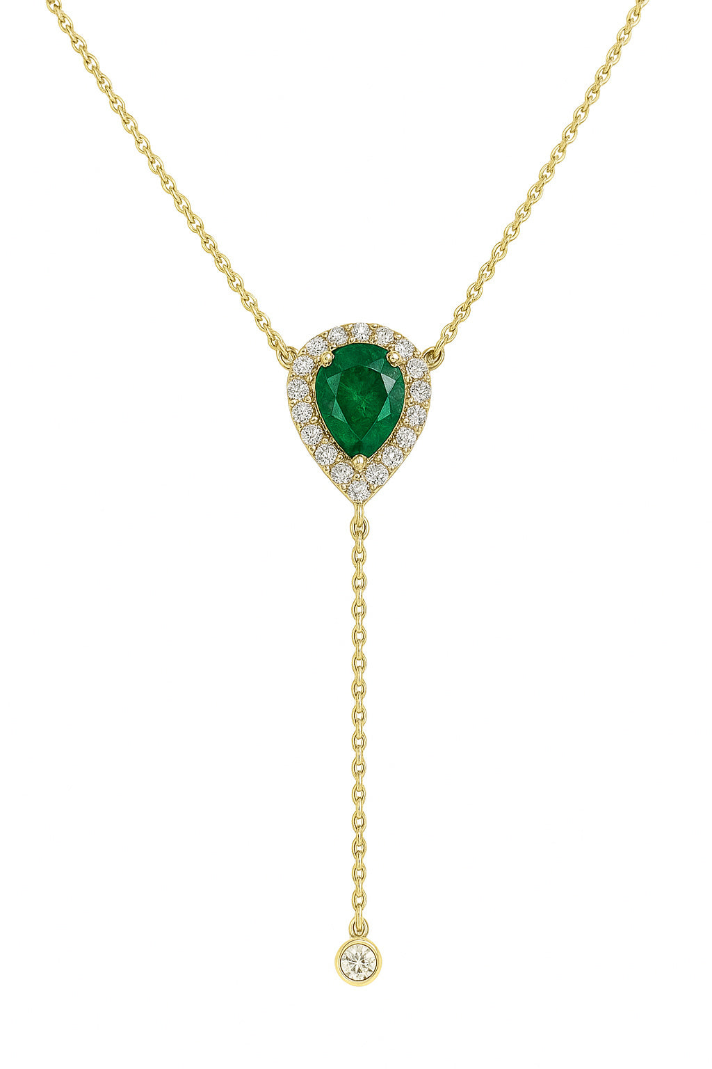 Gold necklace with a green emerald pendant on a white background