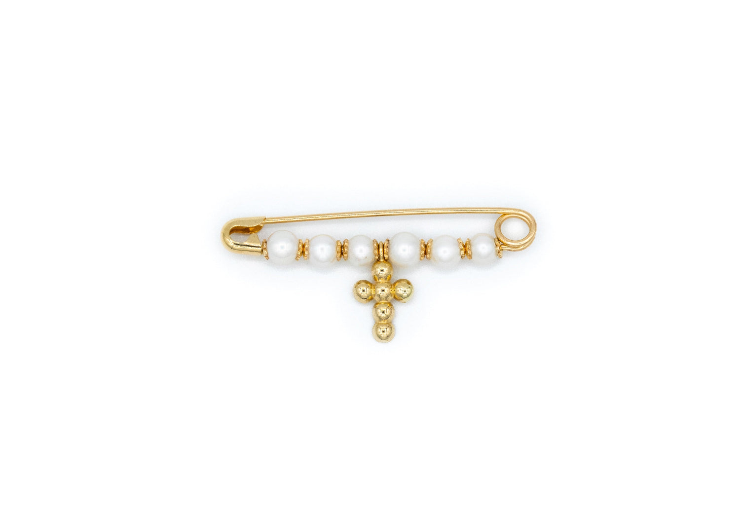 14K yellow gold pearl baby pin with beaded cross on a white background