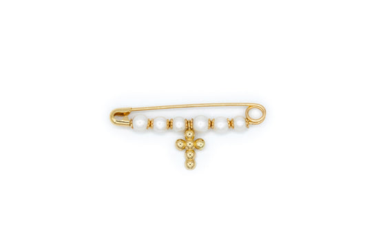 14K yellow gold pearl baby pin with beaded cross on a white background