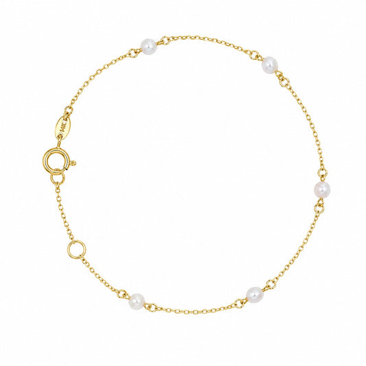 Gold bracelet with pearls on a white background