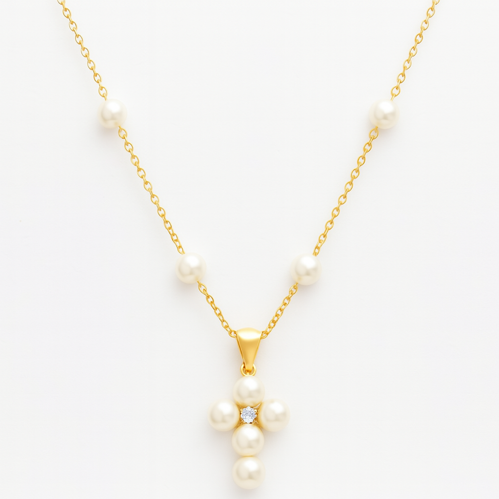 Pearl Cross Necklace with Diamond