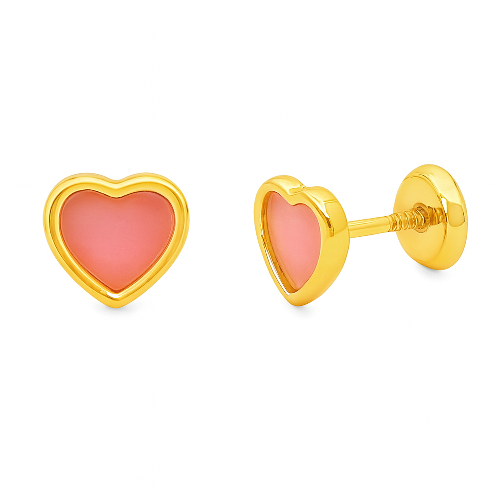 Heart-shaped earrings with gold frames and pink resin centers with orthopedic screw backs for a baby or child on a white background