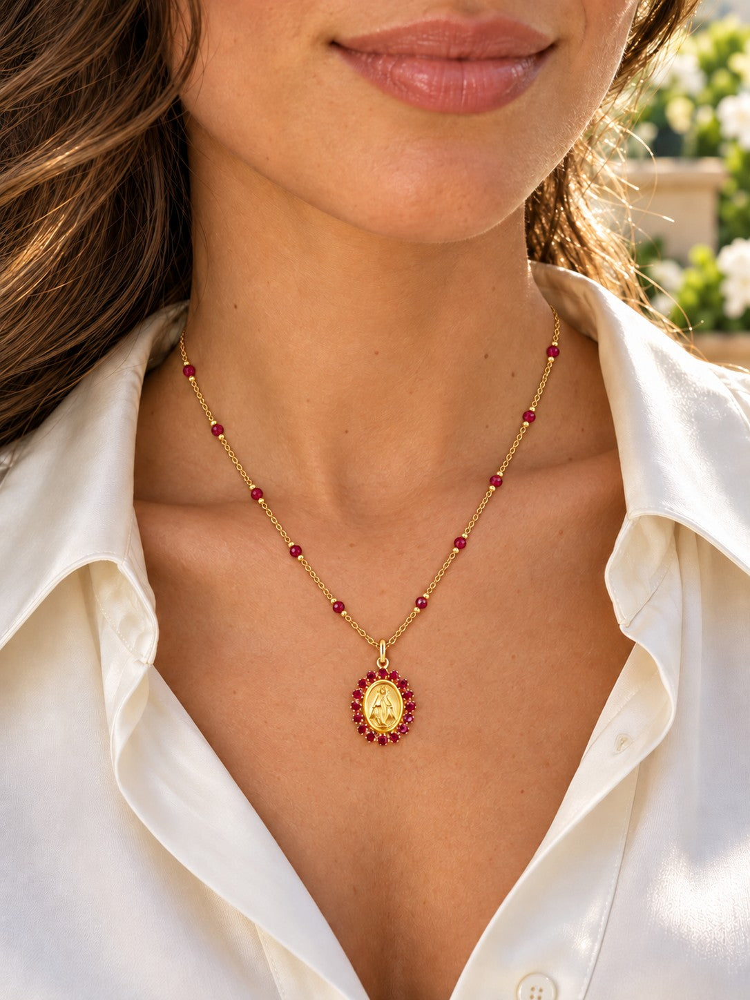 14K Gold Gemstone Miraculous Medal & Agate Station Necklace