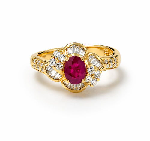 18K Yellow Gold Lab Grown Ruby & Natural Diamond Baguette Halo Ring